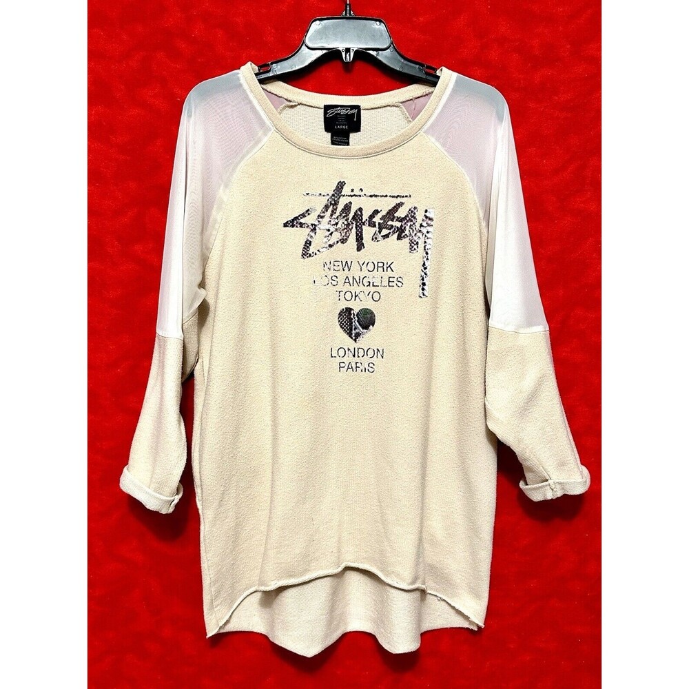 Vintage Cream Beige Stussy Reglan 3/4 Baseball Sleeve World Tour Tee T-Shirt L